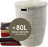 YAADU Wäschekorb mit Deckel 80L – XXL Wäschesammler, Großer Wäschekorb, Wäschebehälter, Wäschetonne, Korb mit Deckel, Wäscheboxen, Afrikanischer Korb, Modell Mazama (Weiß-Flach)